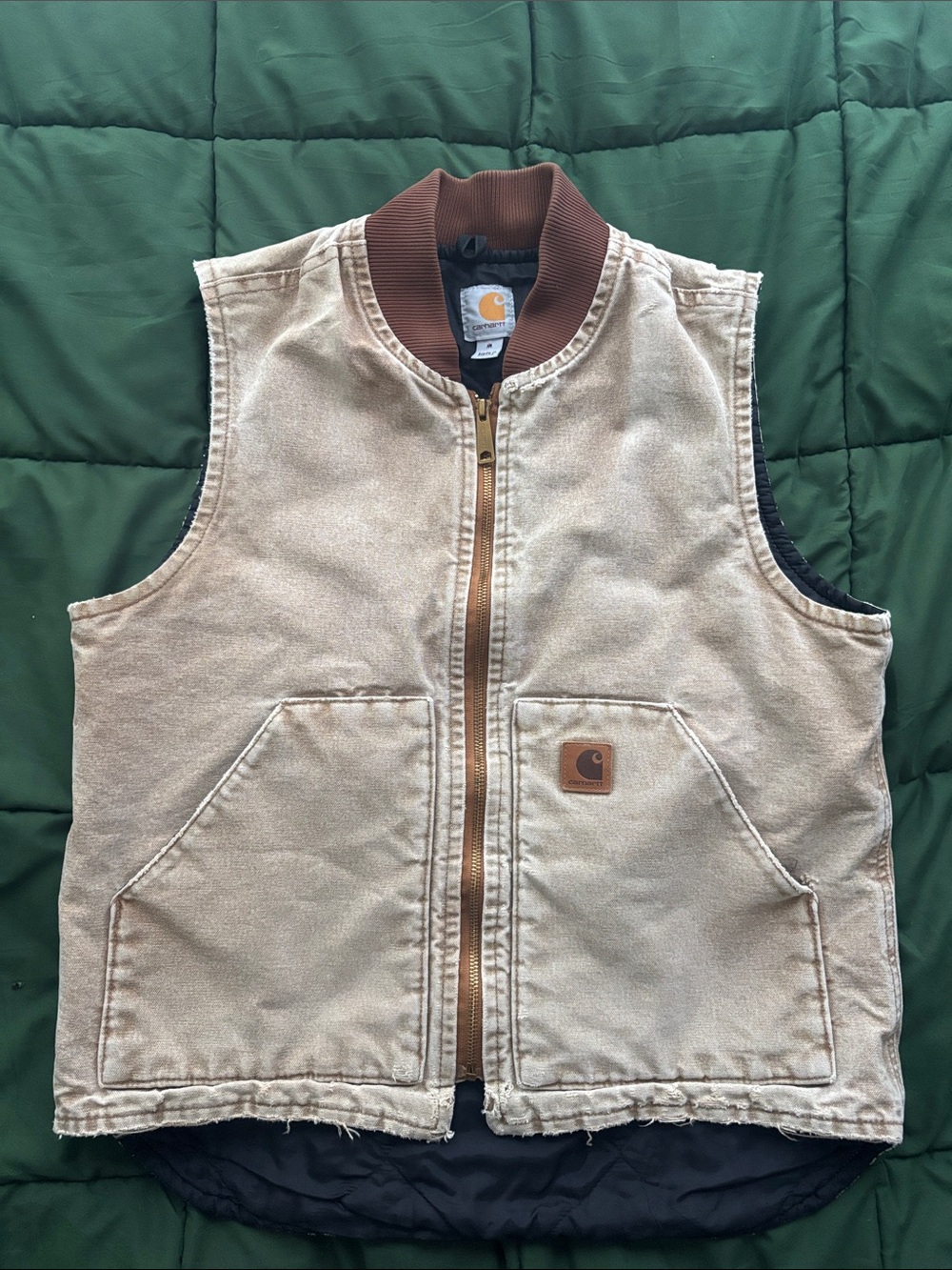 Carhartt Sandstone Duck Quilted-Lined Work Vest with Brown Rib Collar